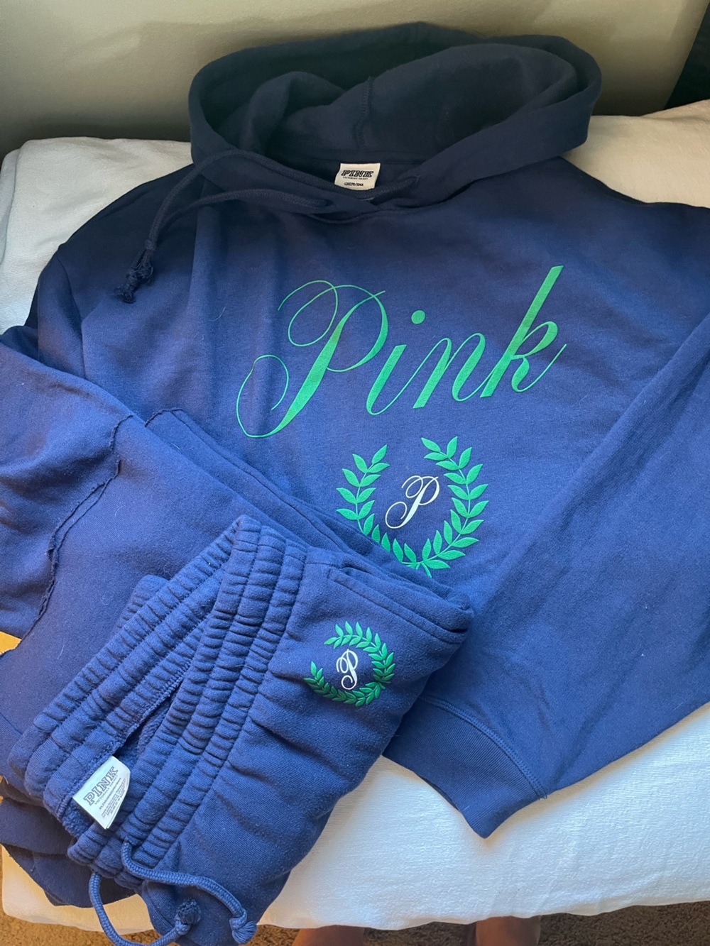 PINK Victoria's Secret Navy Hoodie and Jogger Set with Green Script